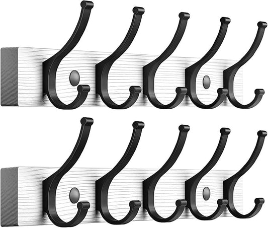 Coat Rack Wall Mount, 16.5 Inches Wood Coat Hooks Wall Mount, Wall Coat Rack with 5 Hooks, Hat Rack Wall Hooks for Hanging Coat, Bag, Towel (2Pack, White)