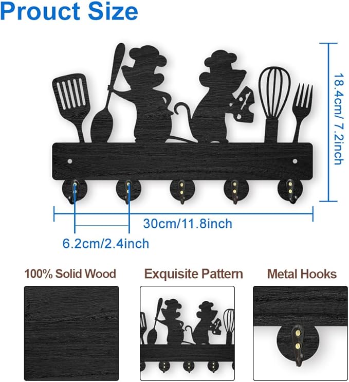 MAYJOYDIY Mouse Kitchenware Coat Rack Wall Mount 11.8×7.2inch Wood Key Holder for Wall 2 Mice Spatula Spoon Fork Wall Key Hooks Hanger 5 Alloy Hooks Black Key Rack for Kitchen Home Art Decor Door Gift