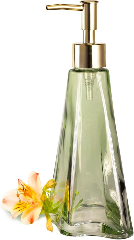 EMPO Vintage Elegant Glass Soap Dispenser, Liquid Soap/Sanitizer/Shampoo Bottle with Golden ABS Pump, Rustic Farmhouse Decor Hand Soap Dispenser Bathroom Accessories (Ripple Yellow-Green)