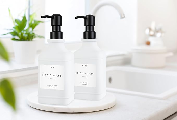 Emerson Essentials Soap Dispenser, Dish Soap Bottle Dispenser, Farmhouse Hand Soap Dispenser, Kitchen Soap Dispenser Set - Glass Soap Dispenser with Pump and Labels, 16 Oz, 2 Pack