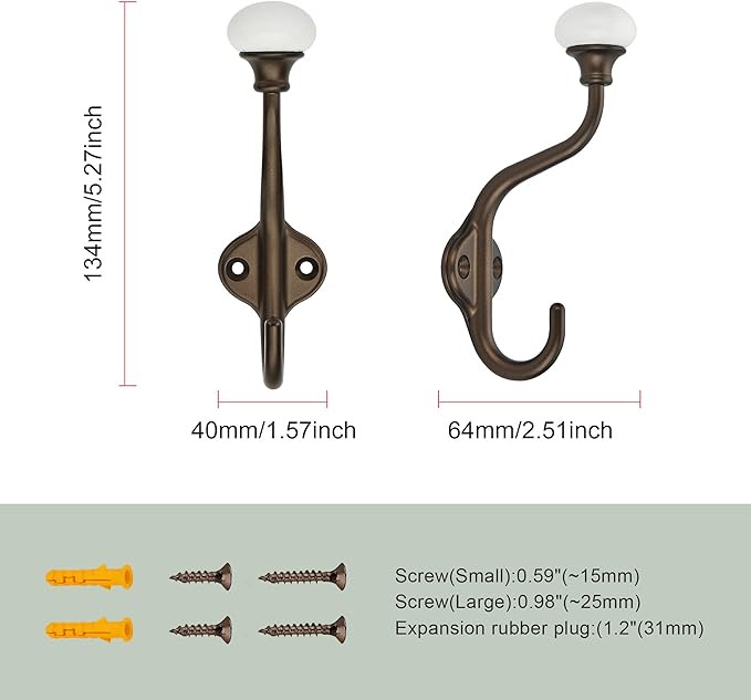 TUNNY Coat Hooks - 5 Pack Brown Towel Hooks Robe Hooks Decorative Wall Hooks for Bathroom Bedroom Kitchen Towel Robe Clothes Cabinet Closet Bathroom Hardware