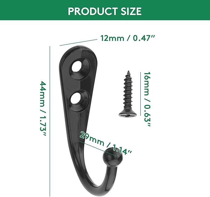 12 Pack Black Coat Hooks Wall Mounted, Rustproof Zinc Alloy Metal Hooks for Hanging Coats, Heavy Duty Utility Key Holder Hooks with Screws for Bathroom, Entryway, Kitchen, Hat, Towel, Cup, Robe