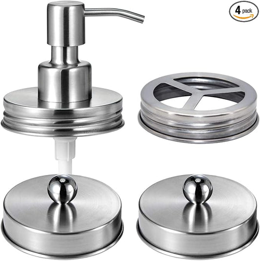 Mason Jar Bathroom Accessories Lids Set(4pcs) -Jars Not Included -Soap Dispenser,Toothbrush Holder,and Apothecary Jars Lids for Regular Mouth Mason Jars -Rustic Farmhouse Decor, Brushed Nickel