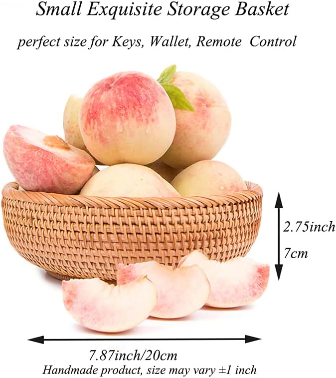 Small Round Keys Storage Basket for Entryway Table Tabletop Wicker Catchall Organizer Woven Basket for Wallet Remote Control Cards Crackers Fruit Candy