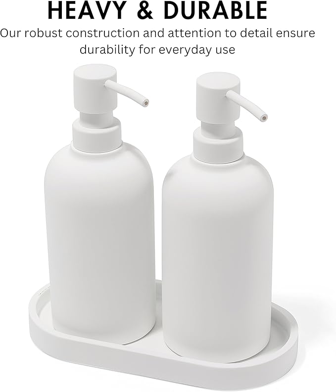 Matte White Round Soap Dispenser Set with Tray for Kitchen, Countertop & Bathroom – 2 Pack 15 oz Refillable Resin Pump Bottle for Dish Soap, Hand Soap, Shampoo, Conditioner – Non-Slip Protective Pads