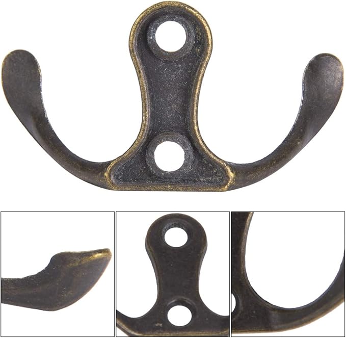 10 Pack Wall Hooks Coat Hooks, Towel Hook Double Prong Robe Hanger Wall Mounted Coat Rack Retro Utility Hooks for Hanging Towels Clothes Robes Bag Key Cup Hat, Zinc Alloy, Bronze
