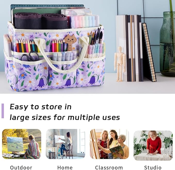 E-WEICHEN Craft Organizer Tote Bag Art Storage Caddy with Multiple Pockets Containers for Art,Craft,and Office Supplies Storage.Purple Campanula