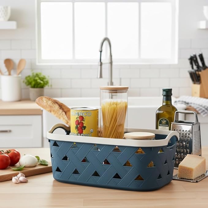 Extra-Large Plastic Storage Basket with Handles – Blue & Cream Decorative Bin for Bathroom, Living Room, or Laundry – Designer Leather Pattern Organizer Basket, 16.7L