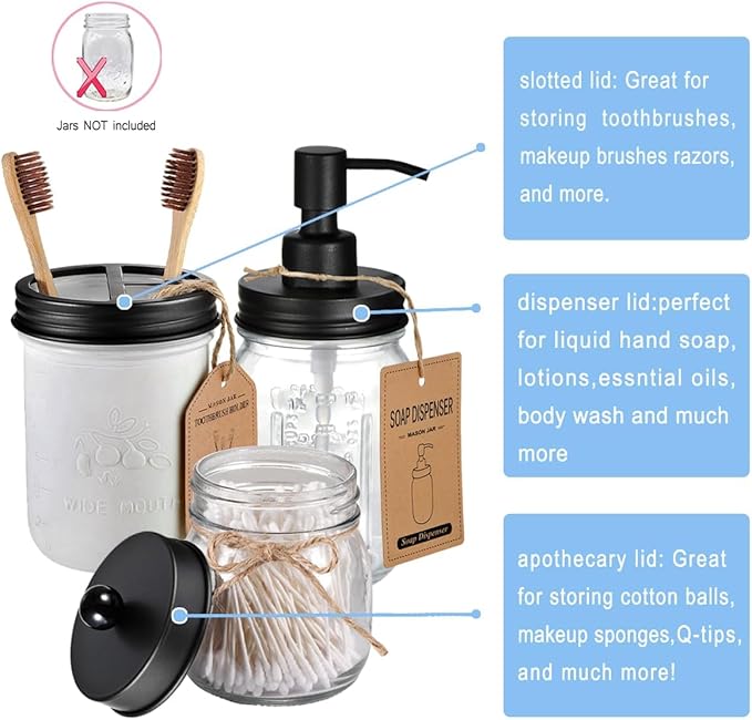 Mason Jar Bathroom Accessories Lids Set(4pcs) - Jars Not Included - Soap Dispenser, Apothecary Jars Lids for Regular Mouth Mason Jars, Wide Mouth Toothbrush Holder lid,-Stainless Steel,Black