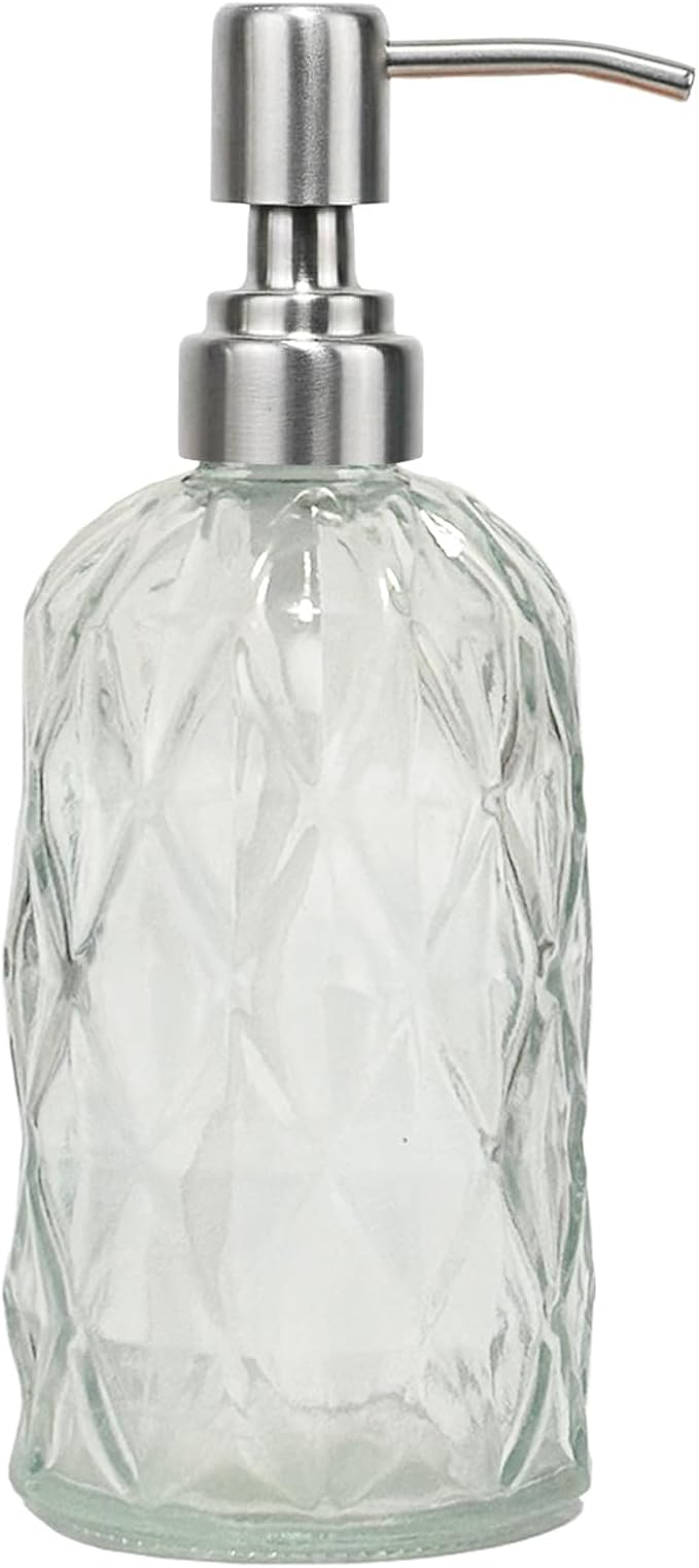 12Oz Clear Glass Soap Dispenser with Stainless Steel Pump, Diamond Design Refillable Kitchen Liquid Hand Soap Dispenser, for Dispense Hand soap, Dish Soap, Lotion, Bathroom, Countertop, Hotel