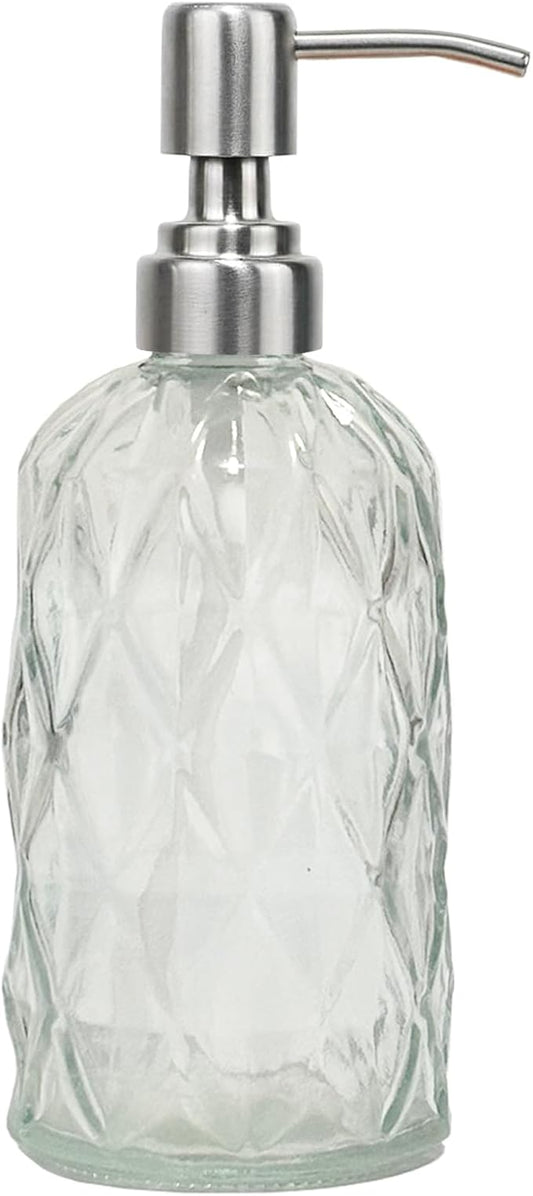 12Oz Clear Glass Soap Dispenser with Stainless Steel Pump, Diamond Design Refillable Kitchen Liquid Hand Soap Dispenser, for Dispense Hand soap, Dish Soap, Lotion, Bathroom, Countertop, Hotel