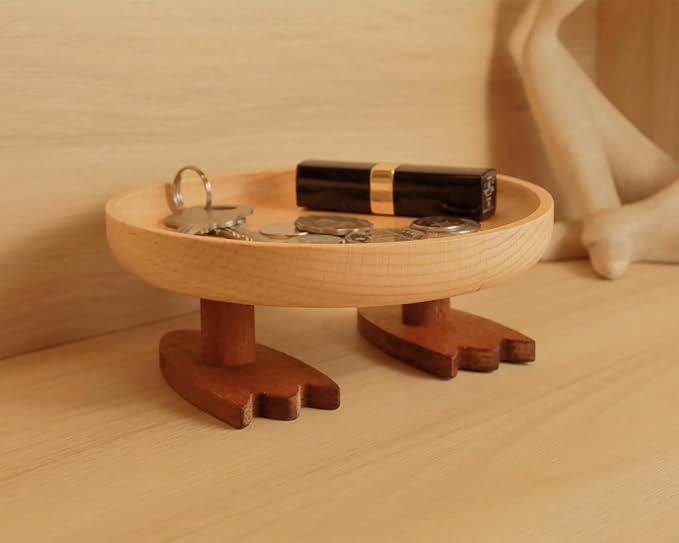 Wood Key Bowl for Entryway Table, Key Tray, Jewelry Tray, Valet Tray with 2 Cute Duck Feet, for Rings, Coins, Bracelets Watches
