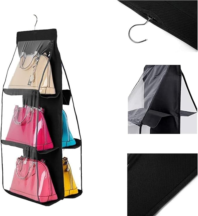 HAN SHENG 6 Pockets Clear Handbag & Purse Organizer Hanging Bag Storage - Space Saving Hanging Shelf for Closet, Wardrobe, Over Door (1 Pack, Black)