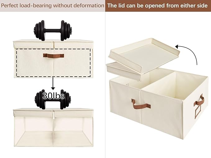 StorageWorks Extra Large Storage Bins with Double-Open Lid, 55L Fabric Baskets with Divider Board, Boxes for Clothes, Linen Closet Organizers with Handles, Ivory White, 2-Pack
