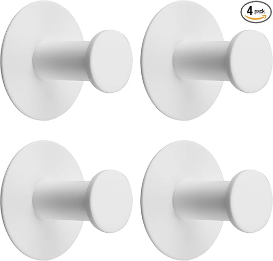 SAYAYO White Hooks for Hanging, Self Adhesive Hooks Coat Hook Wall Mount, White Towel Hook for Bathrooms, Stick on Hook SUS304 Stainless Steel, 4pcs