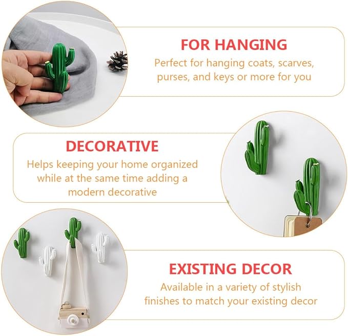 Amosfun 2-Pack Self-Adhesive Cactus Wall Hooks 3.15 X 1.77 X 1.38 Inches Creative Green Plastic Wall-Mounted Storage Hooks for Home Entryway Bathroom Decoration