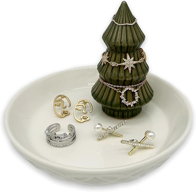 Moss Green Christmas Tree Ring Dish - Ceramic Jewelry Holder for Kitchen Sink or Vanity - Aesthetic Sage Green Room Decor, Holiday Xmas Tree Trinket Tray, Christmas Gifts for Women
