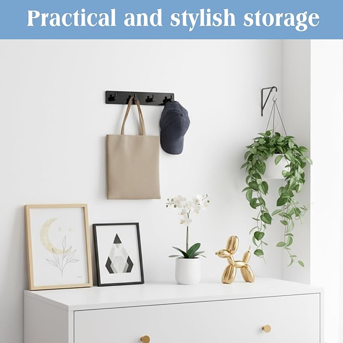 1 Pcs Adhesive Key Holder for Wall Acrylic Key Holder with 4 Hooks for Entryway, Door, Bathroom, Kitchen, Hang Keys, Hats, Dog Leashes, and Accessories(Black)