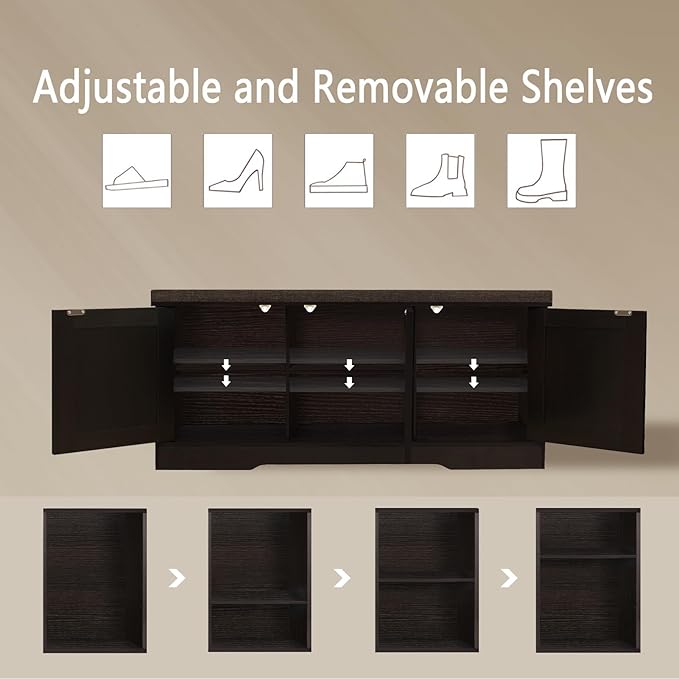 DINZI LVJ Shoe Bench, Entryway Storage Bench with Doors, Cushion, 2-Tier Shoe Rack with 6-Cubby, 39.4”L x 13.8”W Shoe Organizer Cabinet, Adjustable Shelf, Living Room, Bedroom, Espresso