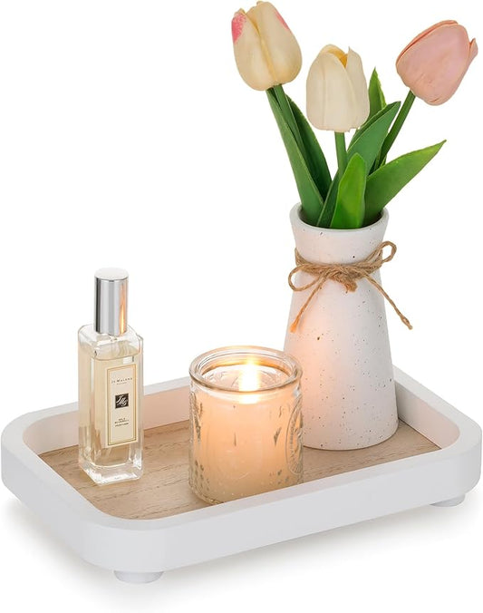 Hanobe Bathroom Vanity Perfume Tray: White Decorative Dresser for Women - Wood Stand Riser Rectangular for Home Decor - Pedestal Counter Display