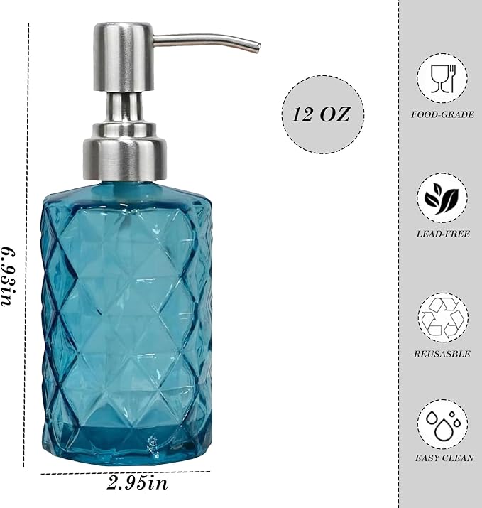 12Oz Blue Glass Soap Dispenser with Stainless Steel Pump, Refillable Kitchen Liquid Hand Soap Dispenser with Diamond Design, for Dispense Hand soap, Dish Soap, Lotion, Bathroom, Countertop, Hotel