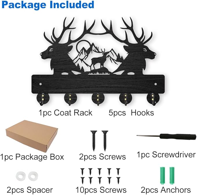 MAYJOYDIY Deer Mountain Forest Coat Hooks Wall Mounted 11.8×7.9inch Black Wooden Deer Key Holder for Wall 5 Alloy Hooks Wall Art Decor Deer Hangers for Towel Key Kitchen Bedroom Entryway Gifts