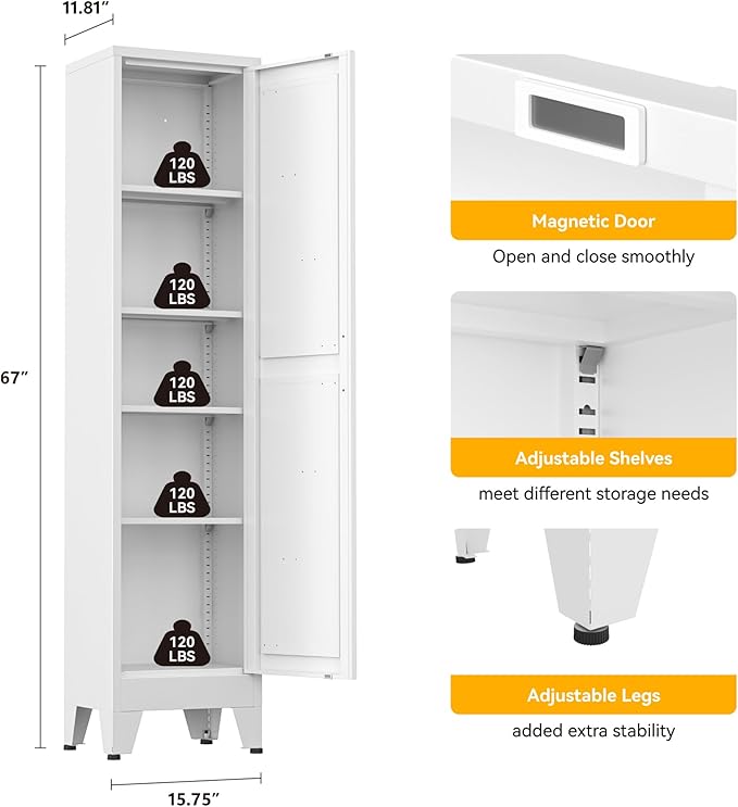 White Narrow Metal Storage Cabinet, Tall Freestanding Cabinet with 4 Adjustable Shelves & Barn Doors, Pantry Organizer for Bathroom Kitchen Home Office Dining Room（1PC,White）