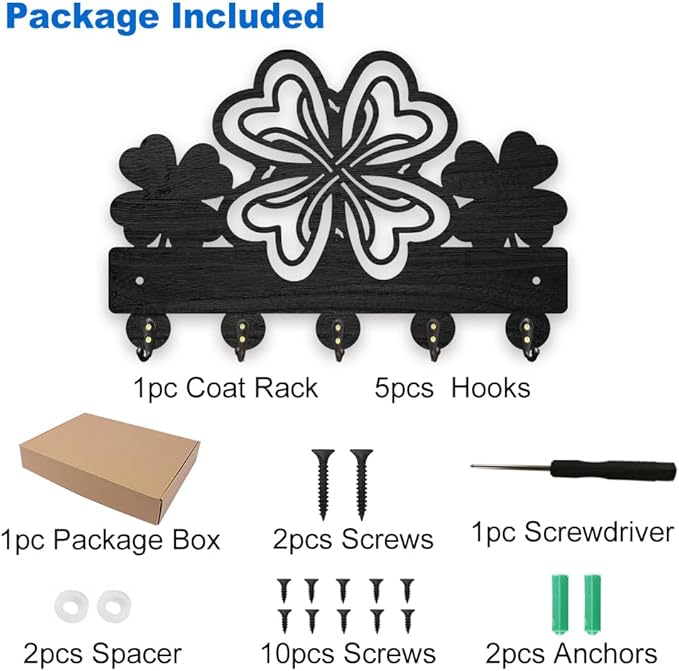 MAYJOYDIY Lucky Clover Key Holder for Wall 11.8x7.8inch Four Leaf Clover Key Hooks St.Patrick's Day Wood Key Hanger Rack with 5 Alloy Hooks for Entryway Front Door Kitchen Decor