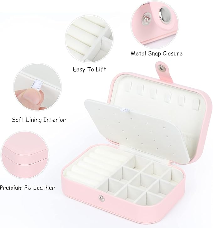 Travel Jewelry Box, Small Jewelry Organizer Boxes for Women Girls, 2 Layer Travel Jewlery Case, PU Leather Mini Portable Jewerly Storage Display Holder for Earrings, Ring, Necklaces, Bracelets(Pink 1)