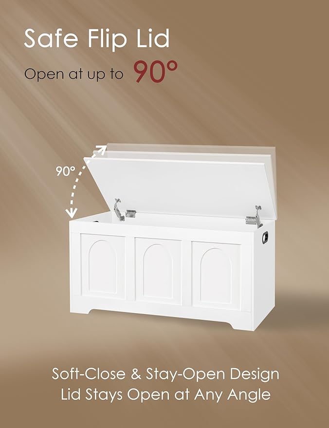 DINZI LVJ Storage Chest, 39.4â Wooden Toy Box with 2 Safety Hinges, Entryway Shoe Bench with Flip-Top, Sturdy Large Storage Trunk for Living Room, Bedroom, Playroom, Easy Assembly, White