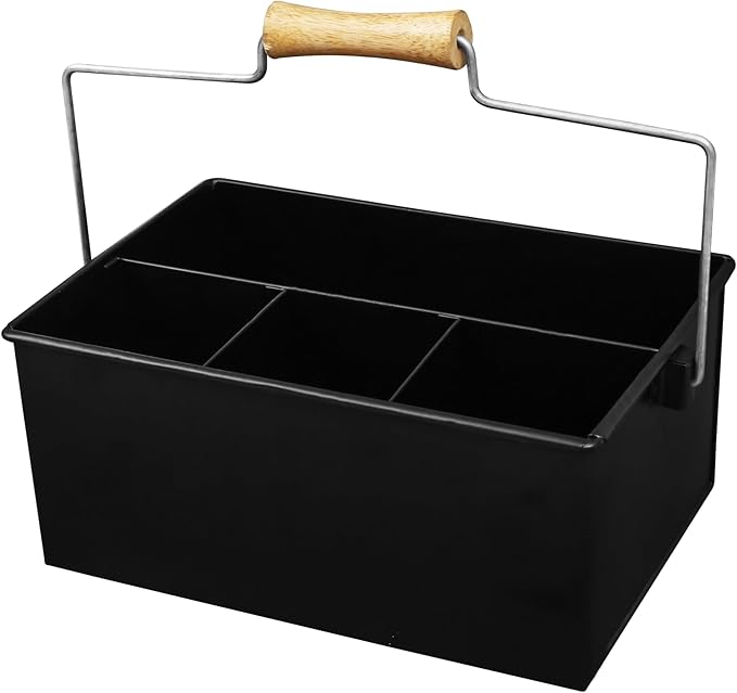 Alpha Living Home Heavy Duty Metal Alloy Utensil Silverware Caddy - 4 Compartment Flatware Organizer with Handle - Farmhouse Rustic Kitchen Storage for Countertop, Tabletop, Picnics & Parties (Black)
