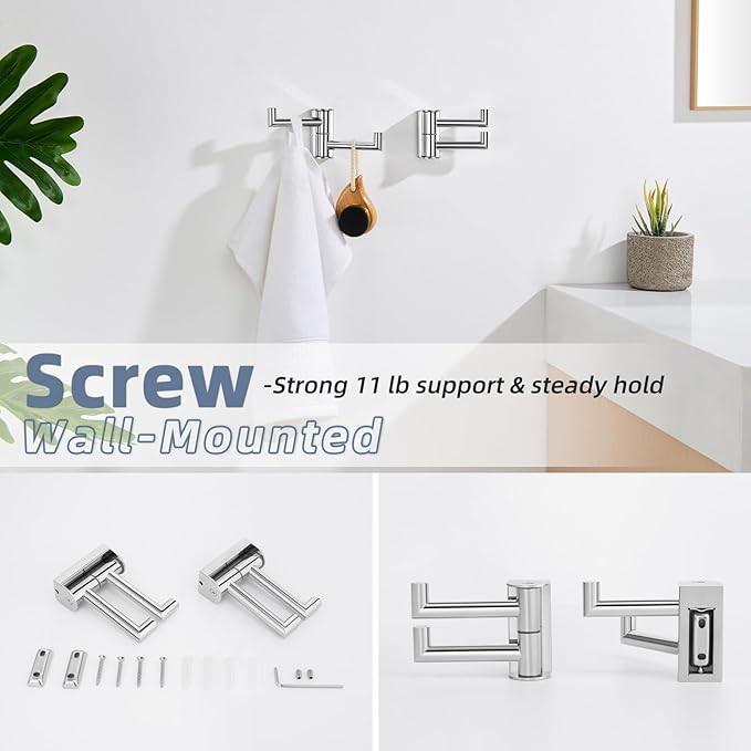 Polished Chrome Swivel Towel Hooks 2 Pack, 304 Stainless Steel Wall Mounted Foldable Double Coat Hooks, Max 11lbs Heavy Duty Bathroom Hand Towel Holders