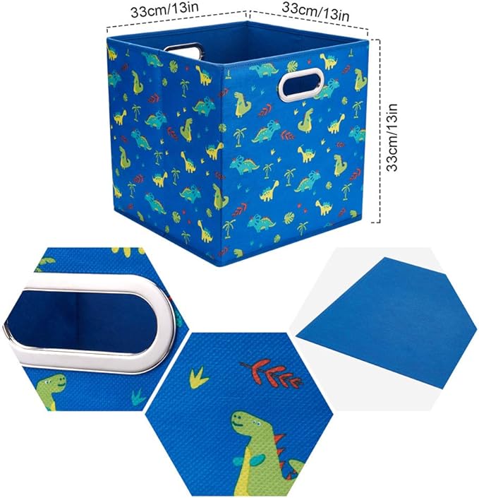 Dinosaur Fabric Storage Cubes Bins Kids 13x13x 13 in Navy Blue Storage Cubes Inserts Foldable Cloth Storage Boxes Collapsible Storage Baskets Drawer for Cube Organizer ,QY-SC06-6
