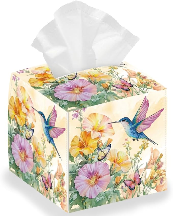 Flowers Tissue Box Holder, Hummingbird Square Tissue Box Cover Foldable Tissue Storage Box Waterproof Paper Towel Case Container Organizer Tissue Box Holder for Bedroom Office Bathroom Car