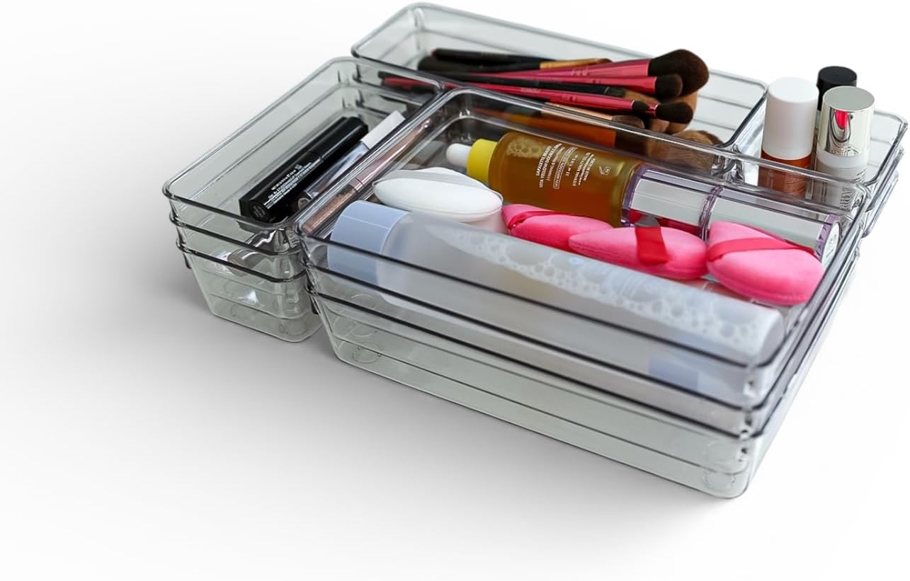 Neatly You Versatile 25-Piece Drawer Organizer Set – 4 Different-Sized Clear Plastic Bins (25 Total) For Organizing Bathroom, Vanity, Dresser, Kitchen, Desk, Makeup, Office