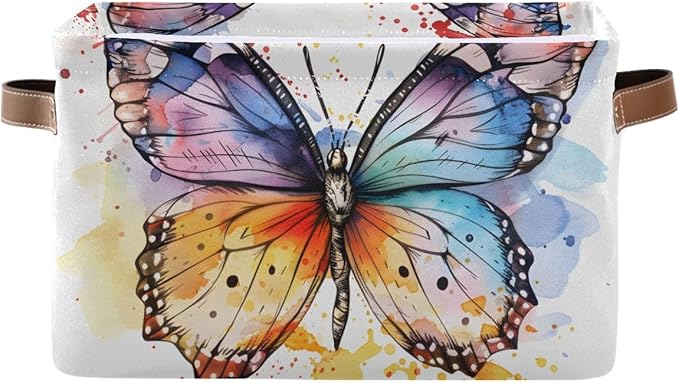 Storage Basket Watercolor Colored Butterfly Durable Canvas Collapsible Toy Box Organizer Bin with Handles for Shelf Closet Bedroom Home Office