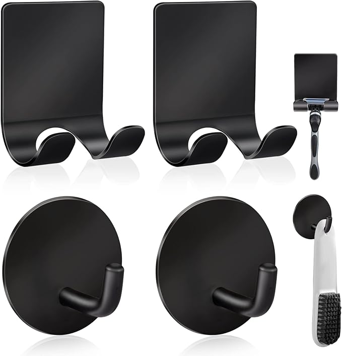 Diesisa Razor Holder 304 Stainless Steel for Shower + Adhesive Sticky Heavy Duty Waterproof Wall Hooks, Premium for Hanging Towels, Coat, hat (2+2 Pack) - Black