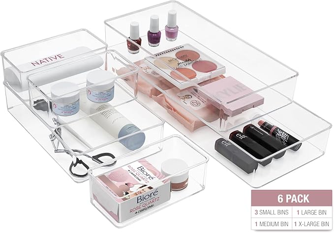 Sorbus Skin care organizer, Storage bin Drawer organizers for cosmetic, Clear Stackable Containers for Bathroom, Vanity (6-Piece Set)