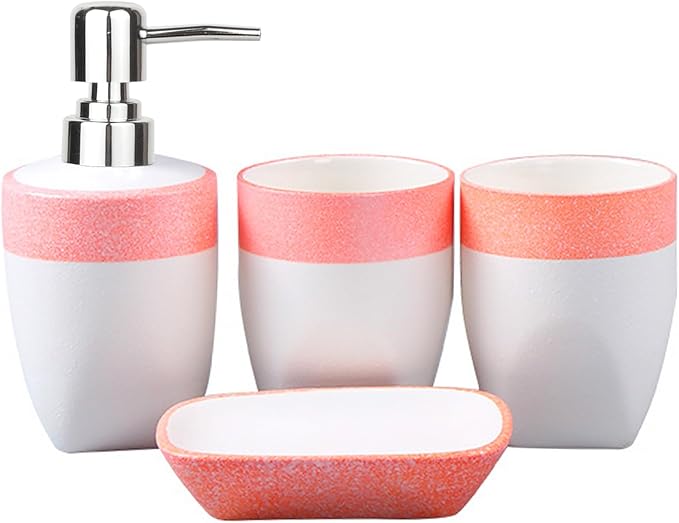 Bathroom Accessories Set of Ceramic soap Dispenser, 2 Toothbrush Cups, soap Dish, Exquisite Snowflake Glaze Technology Bathroom Accessories 4-Piece Set (Pink)