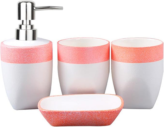 Bathroom Accessories Set of Ceramic soap Dispenser, 2 Toothbrush Cups, soap Dish, Exquisite Snowflake Glaze Technology Bathroom Accessories 4-Piece Set (Pink)
