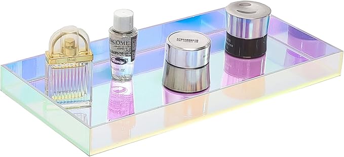 ROYALITA Iridescent Acrylic Vanity Tray 10x5 Inch - Small Acrylic Trays Perfume Tray Spill Proof, Decorative Tray for Bathroom Countertop, Wedding Decor, Aromatherapy Storage, Office Desk
