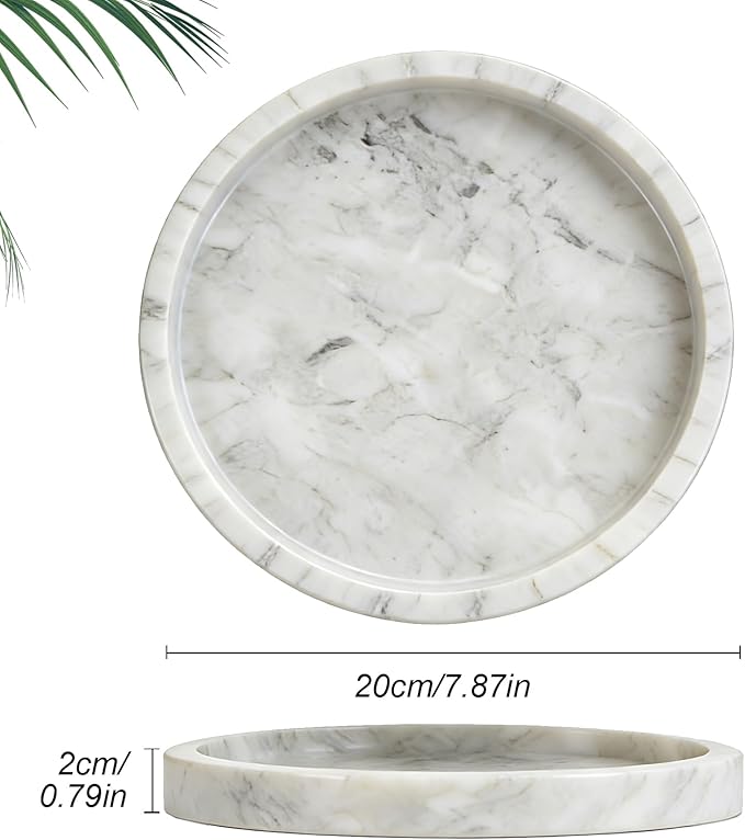 Natural Marble Tray, Round White Tray for Bedroom/Bathroom/Kitchen/Vanity Countertop, Jewelry Tray for Rings Earrings Necklace Bracelet Watch, Room Decor Aesthetic