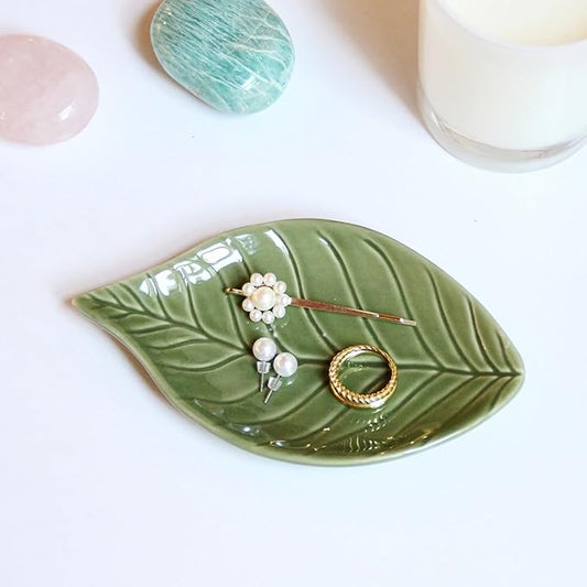 Jewelry Dish Trinket Tray for Women, Ring Dish Holder, Unique Leaf Shape Ceramic Plate Cute Things Vanity Aesthetic Room Decor Mother's Day Birthday Christmas Warm House Gifts (Green)