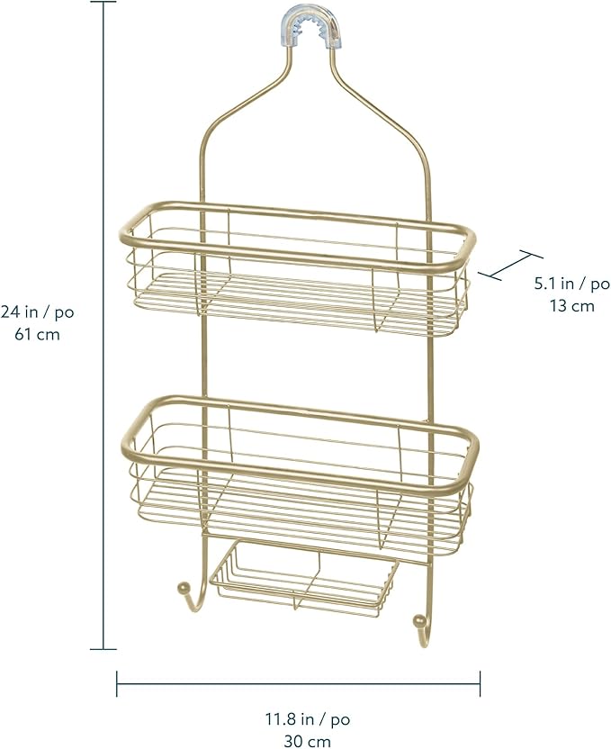 Gold Shower Caddy Hanging Organizer | Rustproof Bathroom Shelf with Hooks & Basket Storage | Over Showerhead Caddy for Shampoo, Soap, Towels | Sleek Bathroom Organizer | Gold