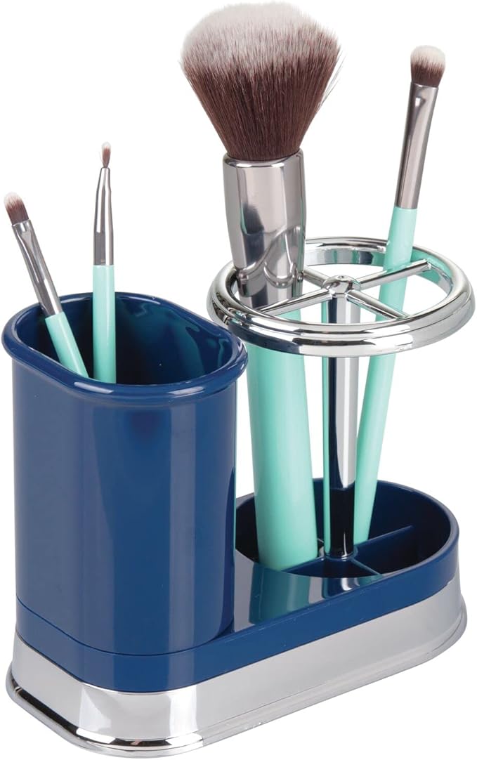 mDesign Decorative Bathroom Dental Storage Organizer Holder Stand for Electric Spin Toothbrush/Toothpaste - Compact Design for Countertop and Vanity, Holds 4 Standard Brushes - Navy Blue/Chrome