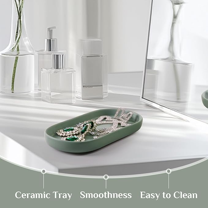 Ceramic Jewelry Tray â Oval Vanity Dish for Rings, Earrings, Bracelets â Minimalist Decorative Trinket Holder for Dresser, Bathroom, Nightstand â Matte Green