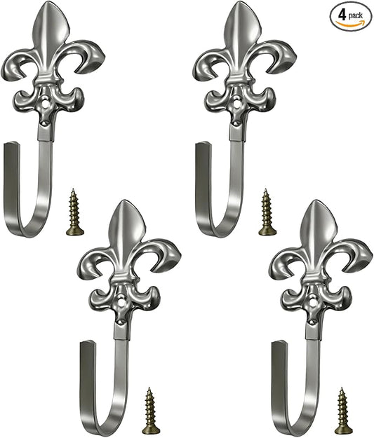 4 Pack Vintage French Fleur De Lis Decorative Wall Hooks, Heavy Duty Metal Curtain Tie Backs for Hanging Coats, Towels, and Robes, Wall Mounted Hangers for Entryway & Bathroom (Silver)