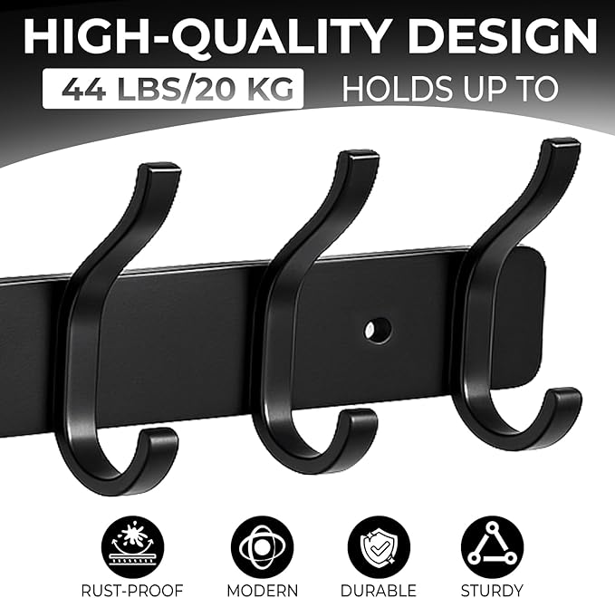Coat Rack Wall Mount, 1 Pack Coat Hooks Hanger Wall Double Hook Rack Rail Towel Hat Rack Entryway Bathroom Hanger Organizer for Robes, Clothes, Bags, Hat(Black)