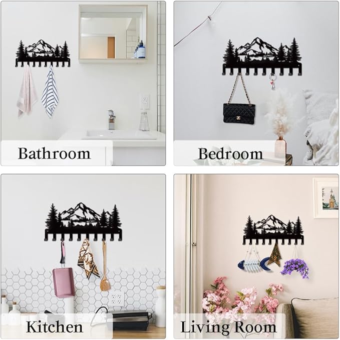 Metal Coat Racks with 10 Hooks Key Hooks for Wall Coat Rack Wall Mount Wall Art Decor Wall Mounted Key Holder for Kitchen, Entryway, Hallway, Bedroom, Doorway, Office (Mountain)