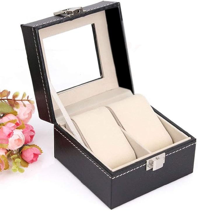 Teensery Watch Box 2 Slots Black Leather Watches Storage Case Glass Top Watch Case Organizer Jewelry Display Case for Men and Women